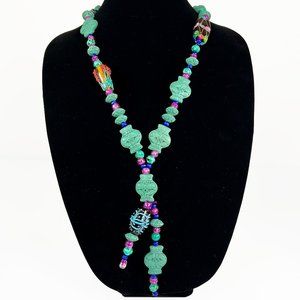 Blue Cinnabar Vase Bead Necklace w/ Blue Cats Eye Beads & Glass Lampwork Beads